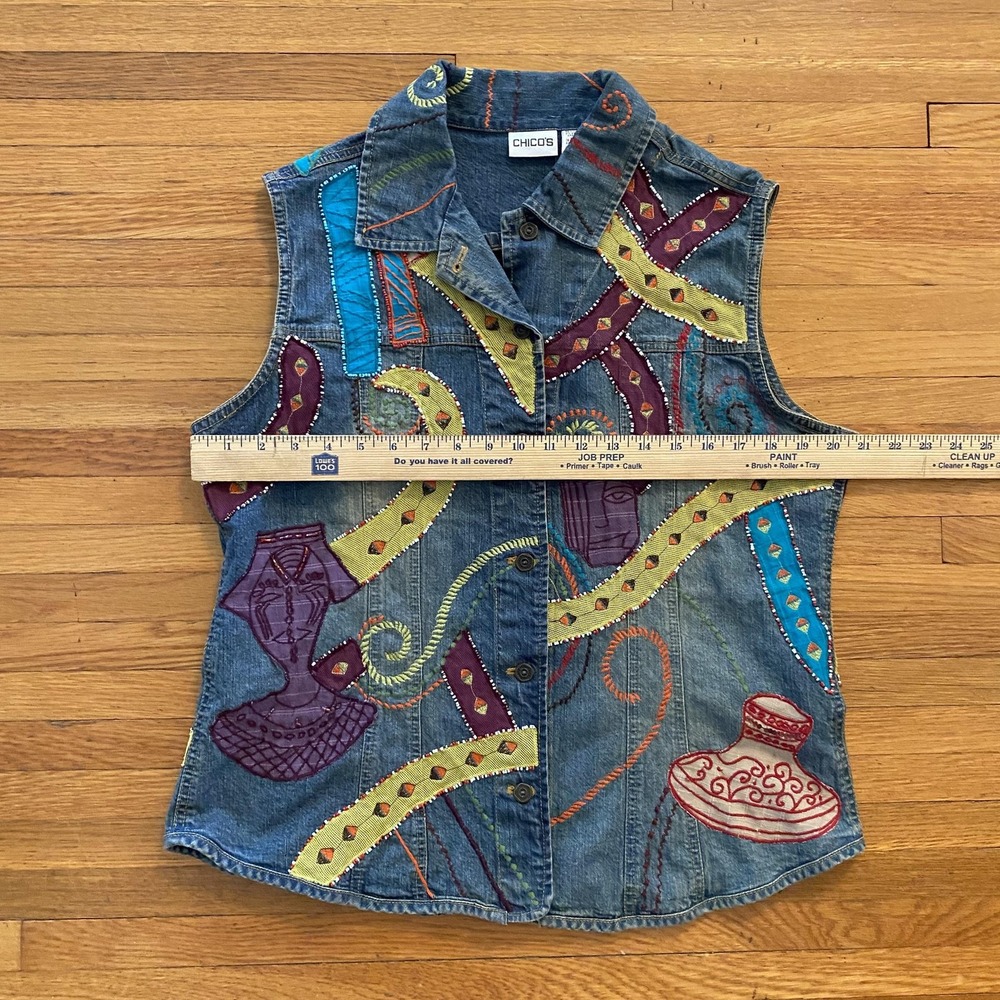 Chicos Jean Vest Womens 2 Embroidered Applique Boho Art Jacket Casual Layering - Picture 9 of 14